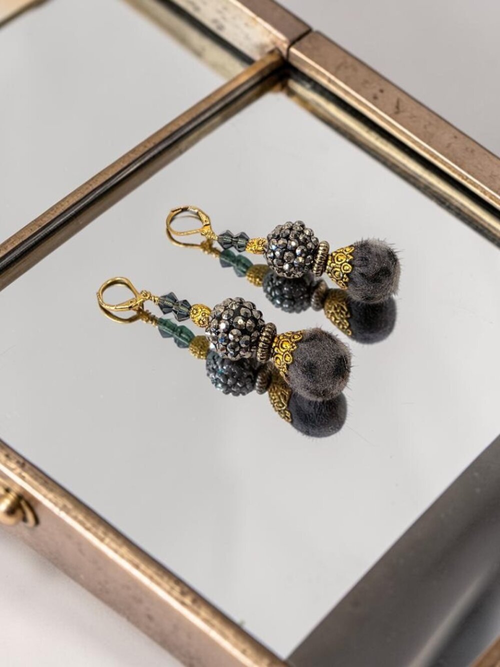 Fuzzy Grey Cheetah and Rhinestone Earrings by Fucci Minnulli